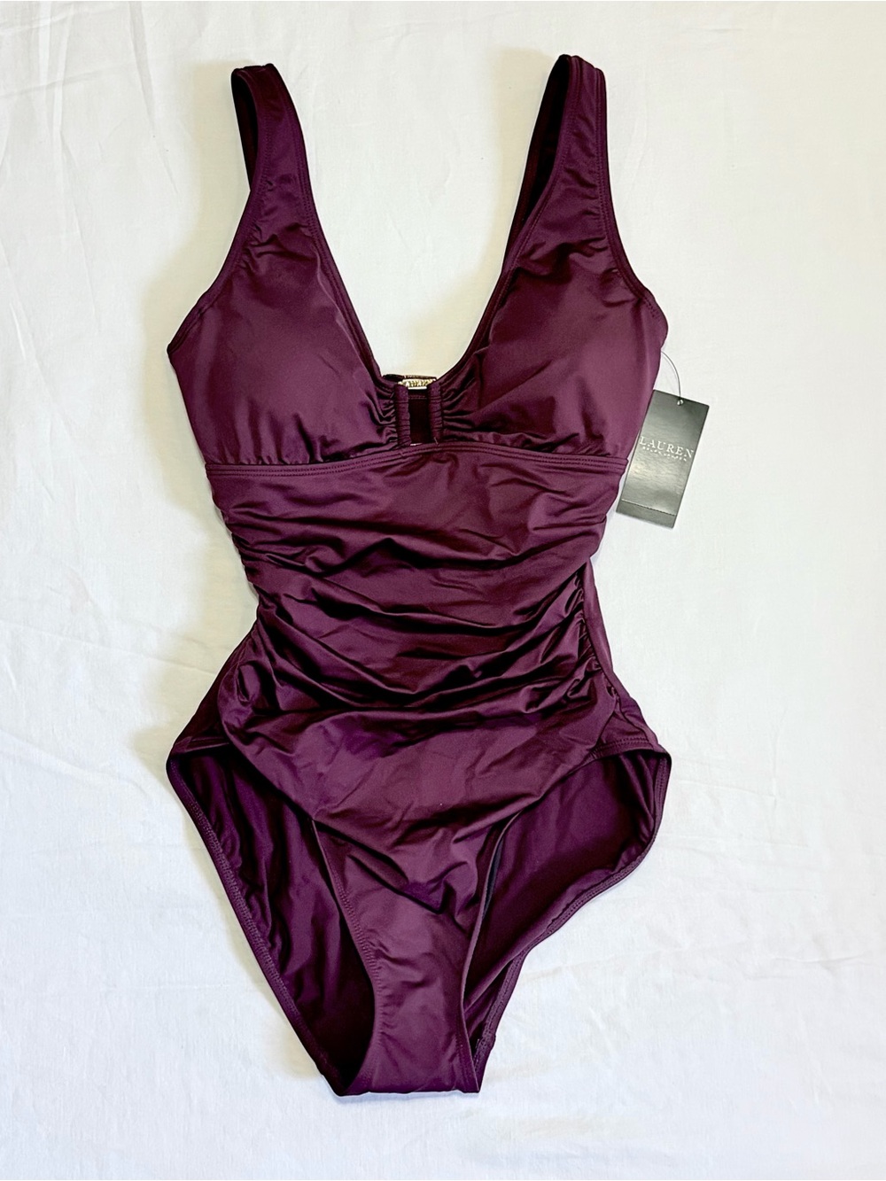 Ralph Lauren Plum Purple One-Piece Swimsuit Gold Accent Size 8 Underwire Ruched
